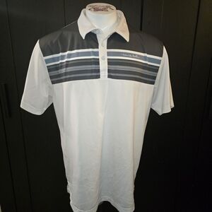 Travis Mathew Mens XLarge Performance Pima Golf Polo Shirt White Blue striped